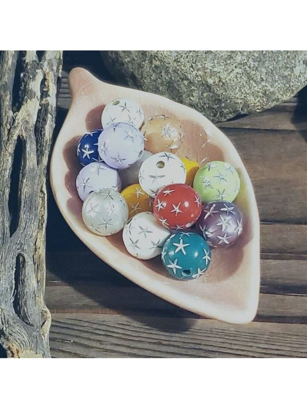 New Vintage 90s Mixed Colors Silver Stars 12mm Round Acrylic Shabby Beads 10 pcs